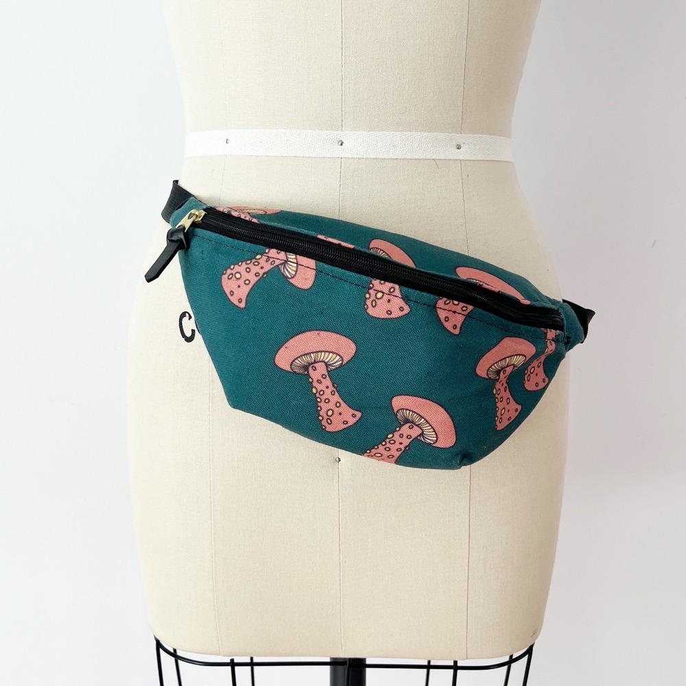 Society6 Fanny Pack Teal Green‎ Mushroom Print Adjustable Waist Bag Canvas